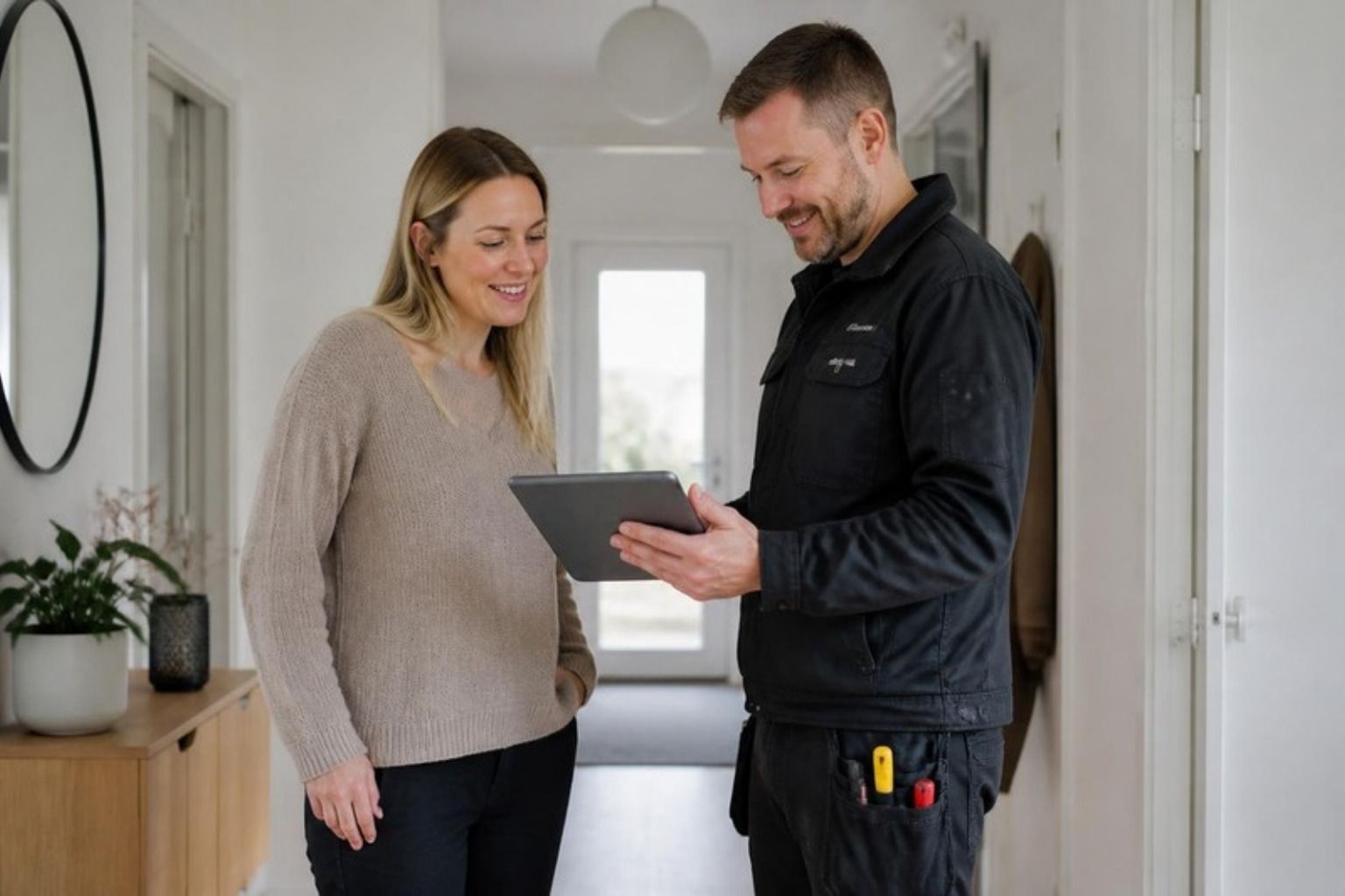 Smilende elektriker viser en husejer et tilbud på en tablet i entréen