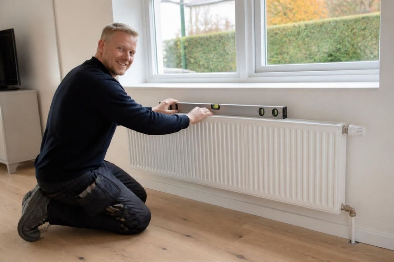 Smilende VVS-installatør tjekker med et vaterpas, at en ny hvid panelradiator under vinduet hænger lige